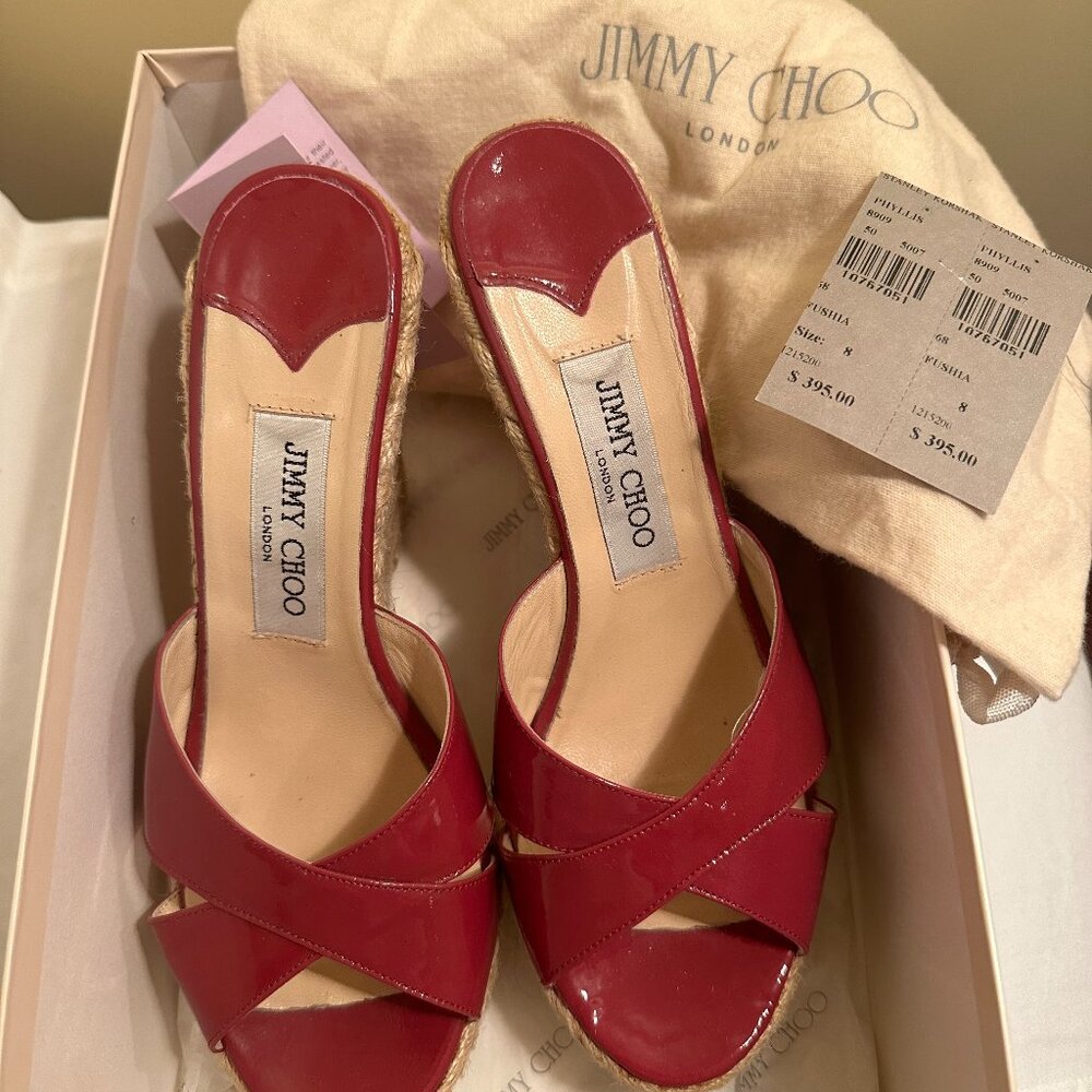 JIMMY CHOO!!! Phyllis Patent Leather Espadrille Sandals - Fuchsia, size 38